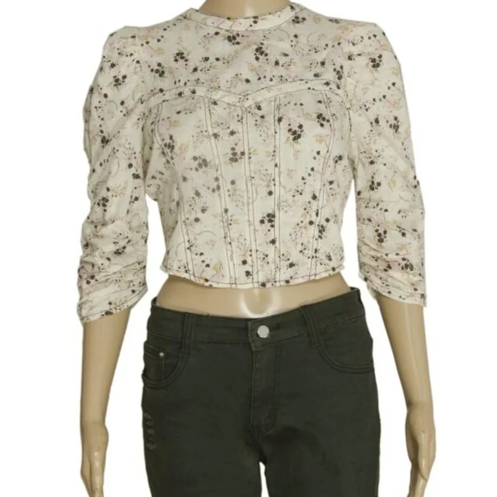 Free People Monica Top Floral Printed Puff Sleeve New